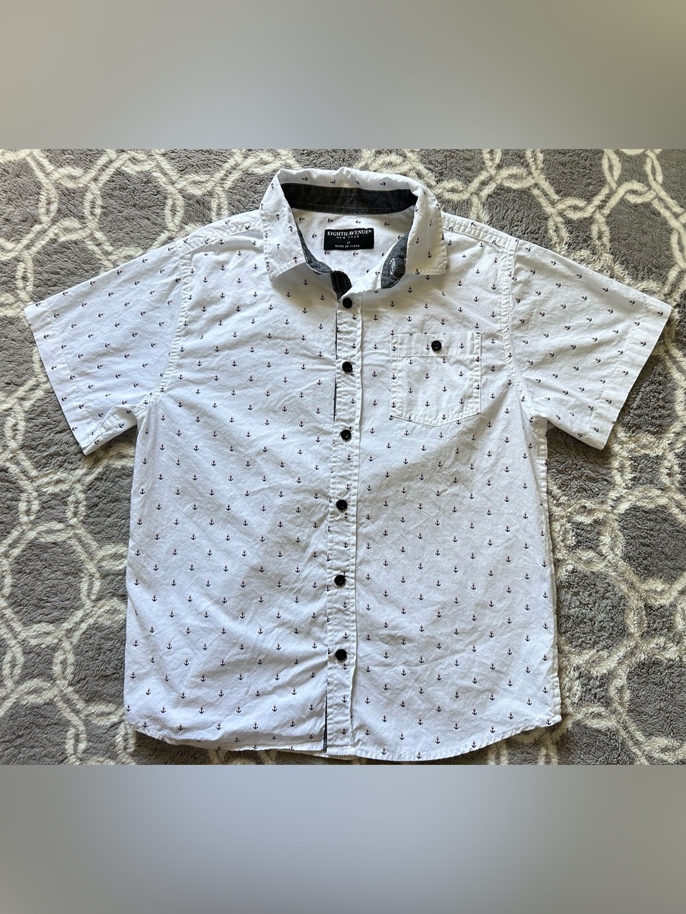 Eighth Avenue White Short-Sleeve Button-Up Shirt with Navy Anchor Print Boy’s 14